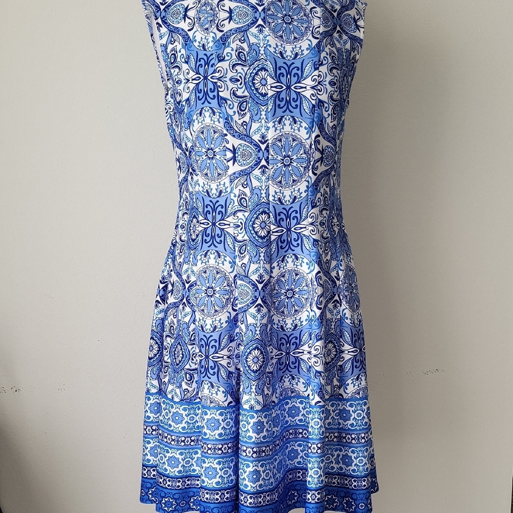 Julian Taylor Blue & White A-Line Midi Dress Size 12